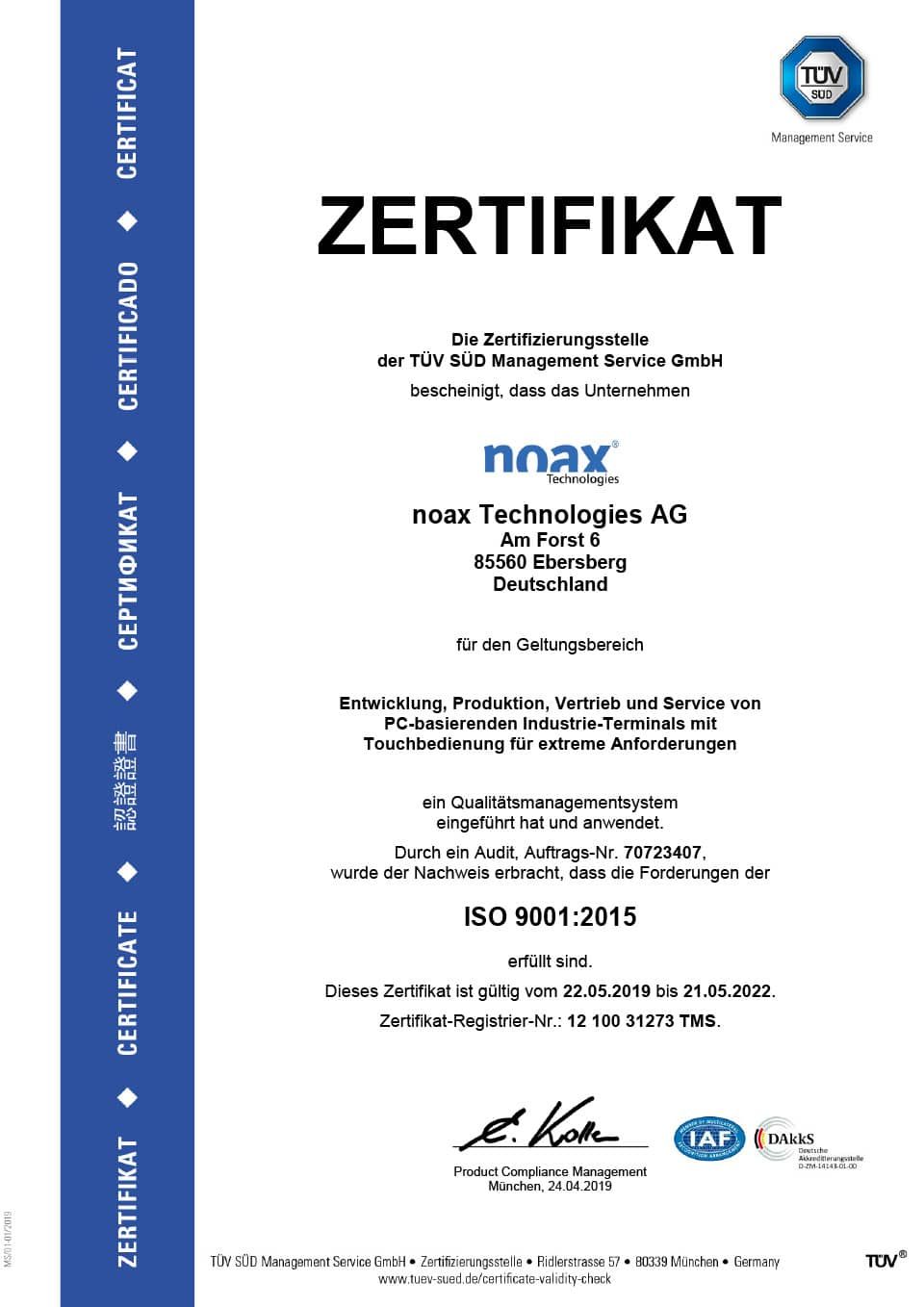 noax ISO 9001:2015 certificate